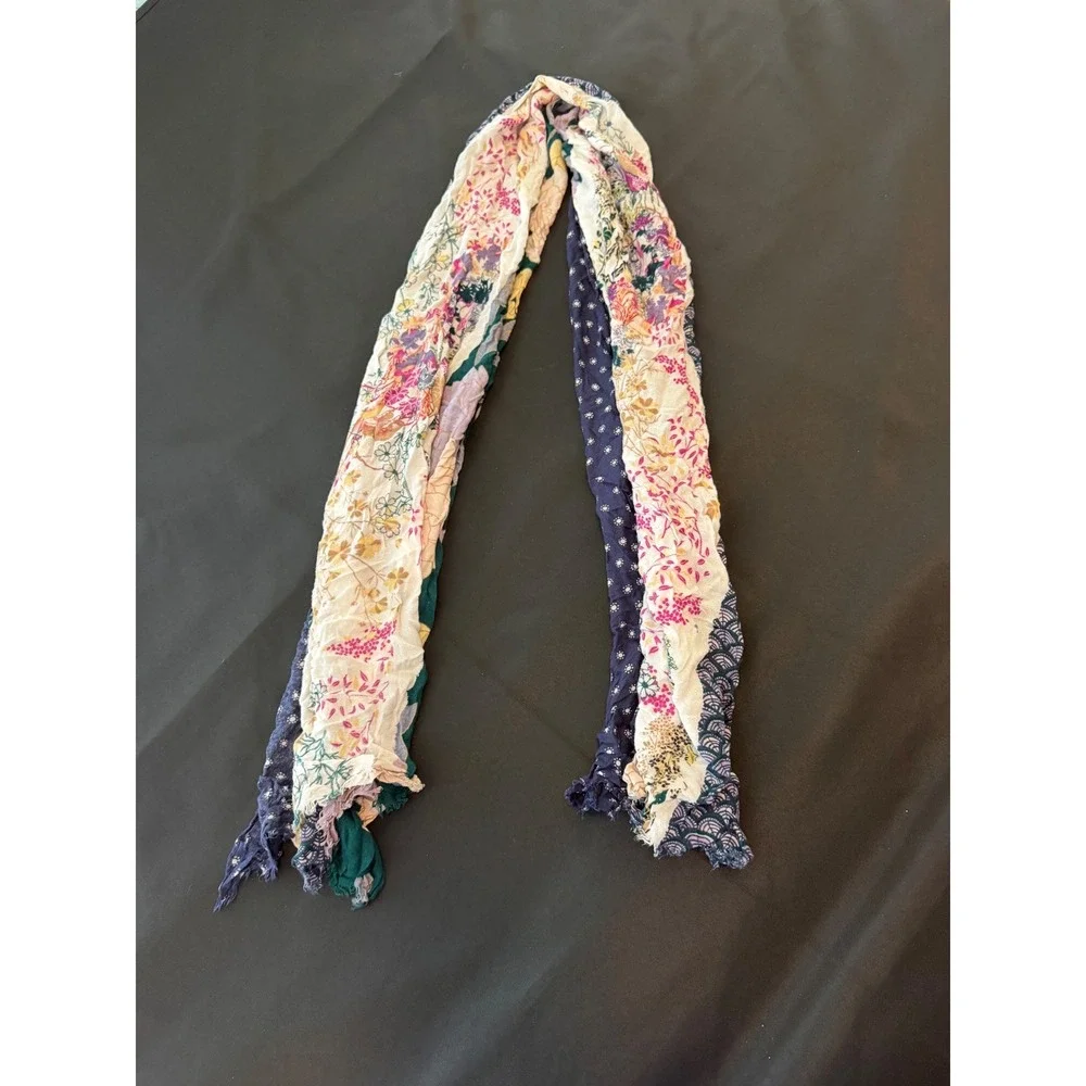 Boho Patchwork Floral Scarf Navy Blue Pink Mixed Print Raw Edge Lightweight